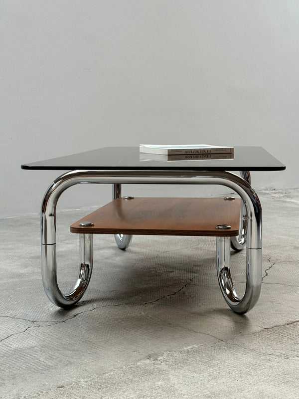 XL MIDCENTURY COFFEE TABLE CHROMED TUBULAR STEEL BROWN GLASS, 1960s