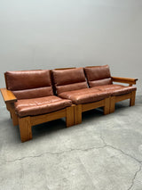MODULAR ARMCHAIR SOFA SET SOLID PINE COGNAC LEATHER, SCANDINAVIA 1970s