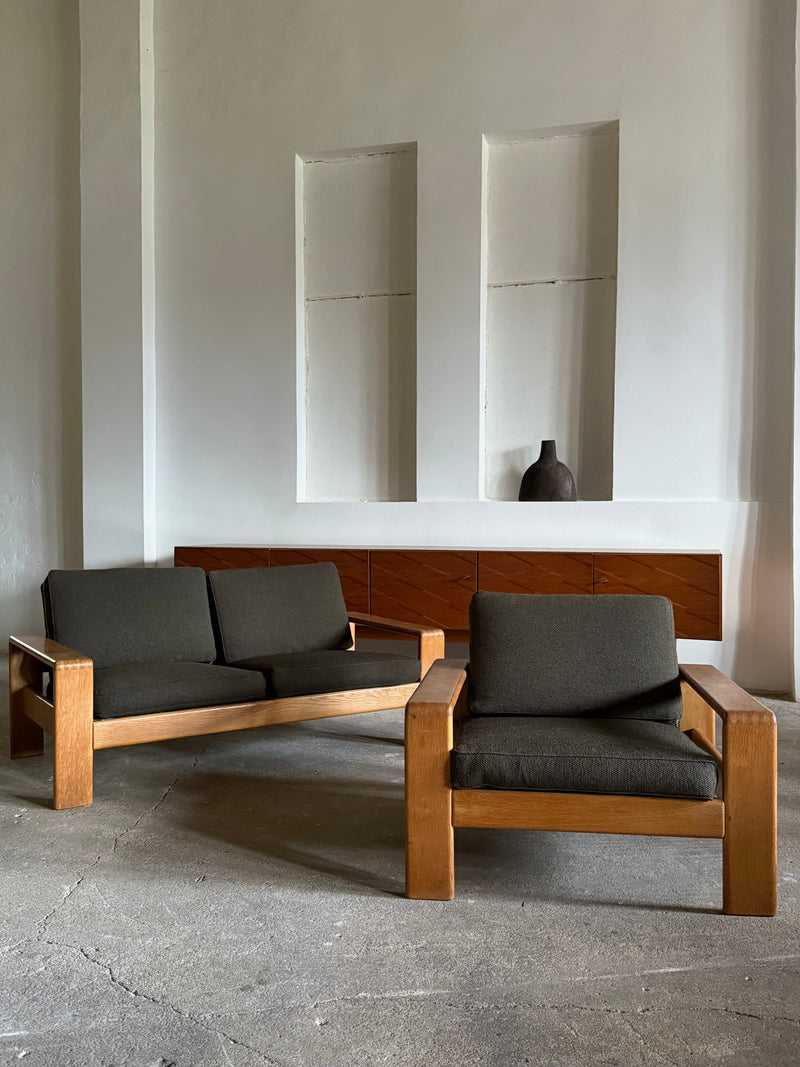 CARL STRAUB ARMCHAIR & 2-SEATER SOFA SET ASH WOOD, GERMANY 1960s