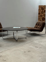BROWN SUEDE & CANVAS LOUNGE CHAIRS IN CHROMED STEEL FRAME & COFFEE TABLE, 1960s