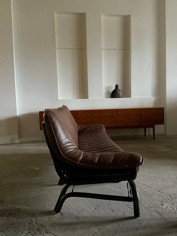 LARGE BAMBOO SOFA BROWN LEATHER 250cm, ITALY 1970s