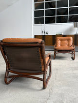 IKEA „BADEN“ BAMBOO COGNAC LEATHER SEATING GROUP 2 ARMCHAIRS, SOFA & COFFEE TABLE, SWEDEN 1970s