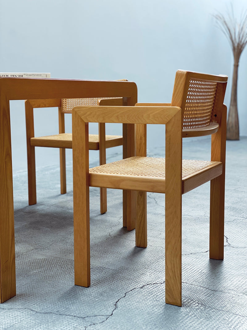 DERK JAN DE VRIES FOR MAISA DE SEVESO DINING TABLE & 4 CHAIRS SET ASH WOOD RATTAN, ITALY 1970S