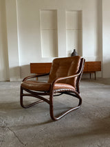 IKEA „BADEN“ BAMBOO COGNAC LEATHER SEATING GROUP 2 ARMCHAIRS, SOFA & COFFEE TABLE, SWEDEN 1970s