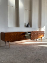 LARGE 3D ‚DIAMONDS‘ SIDEBOARD TEAK WOOD ANTHROPOSOPHIC LEGS 280cm, GERMANY 1960s