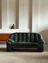 KNOLL SITZMÖBEL BRUTALIST ARMCHAIR & SOFA SET IN THICK GREEN LEATHER, GERMANY 1970s