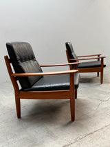 WILHELM KNOLL TEAK WOOD LEATHER BLACK ARMCHAIRS & 2-SEATER SOFA, GERMANY 1960s