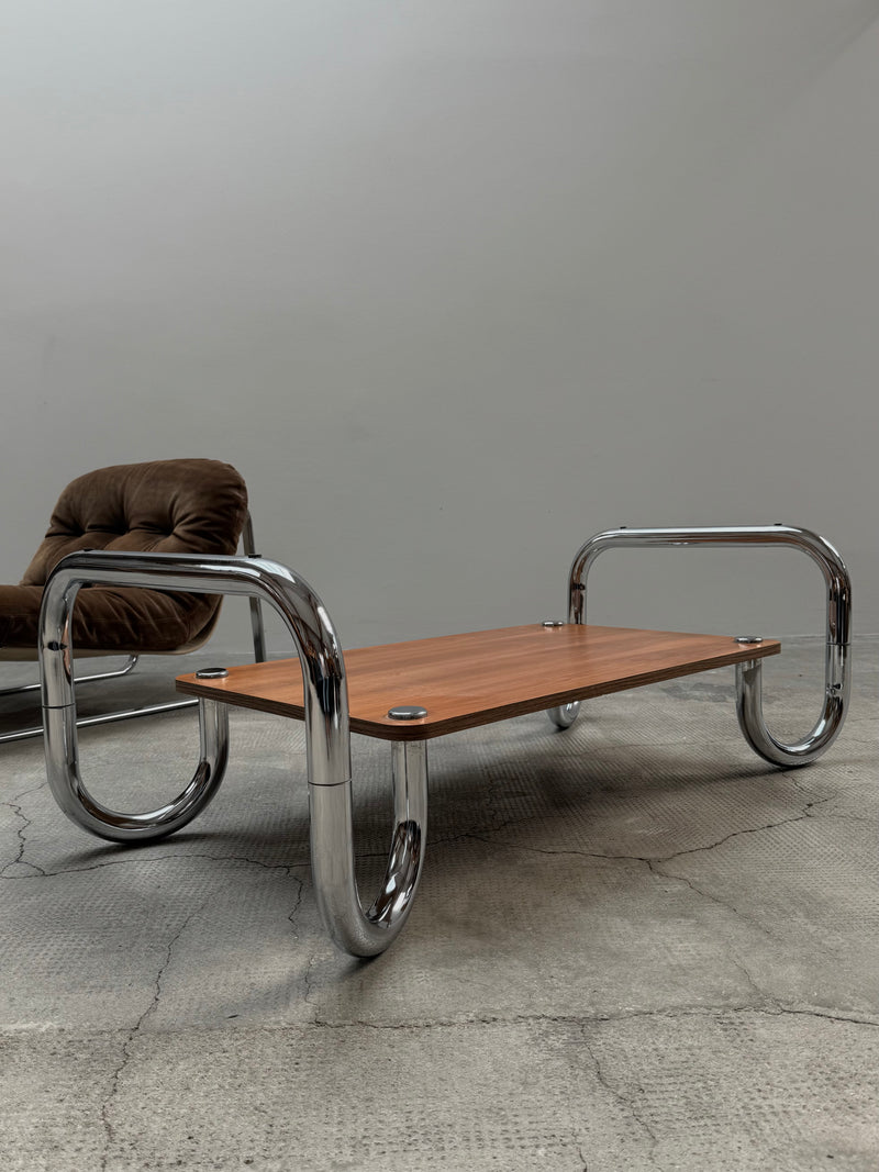 XL MIDCENTURY COFFEE TABLE CHROMED TUBULAR STEEL BROWN GLASS, 1960s