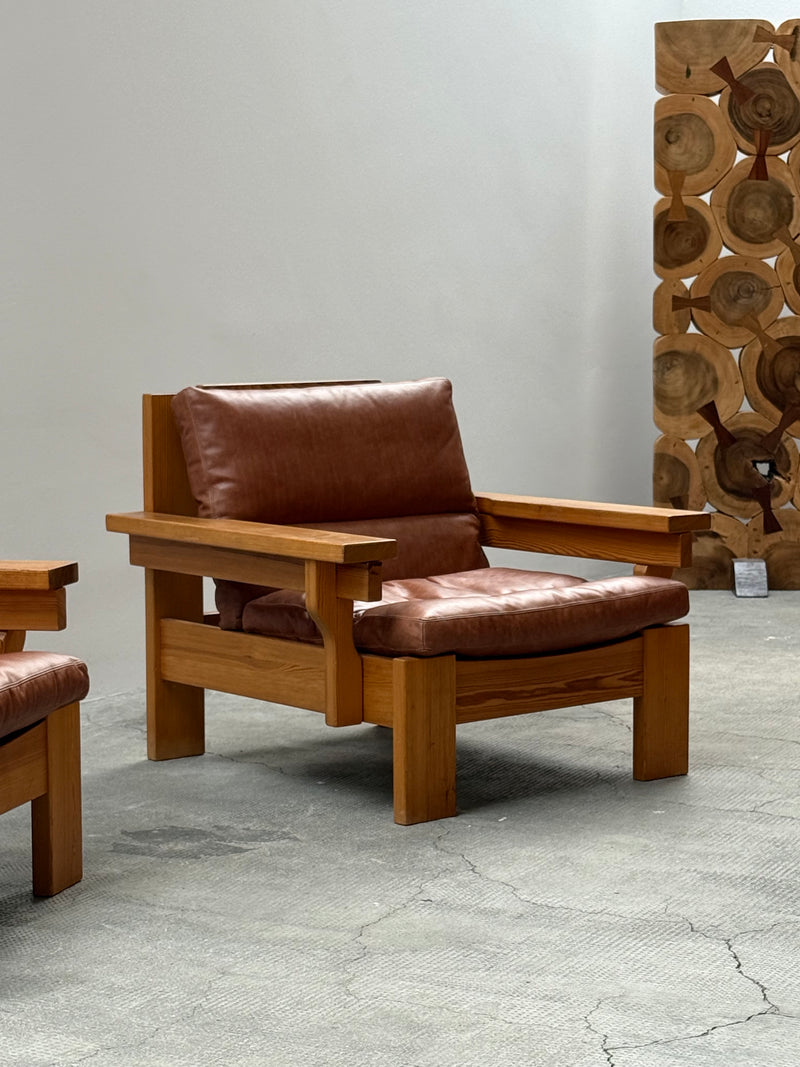 MODULAR ARMCHAIR SOFA SET SOLID PINE COGNAC LEATHER, SCANDINAVIA 1970s