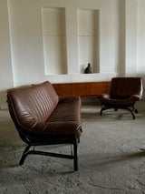 LARGE BAMBOO SOFA BROWN LEATHER 250cm, ITALY 1970s