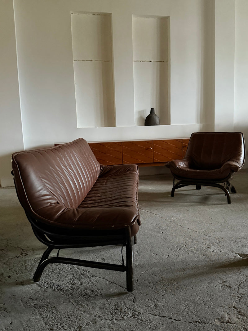 LARGE BAMBOO SOFA BROWN LEATHER 250cm, ITALY 1970s