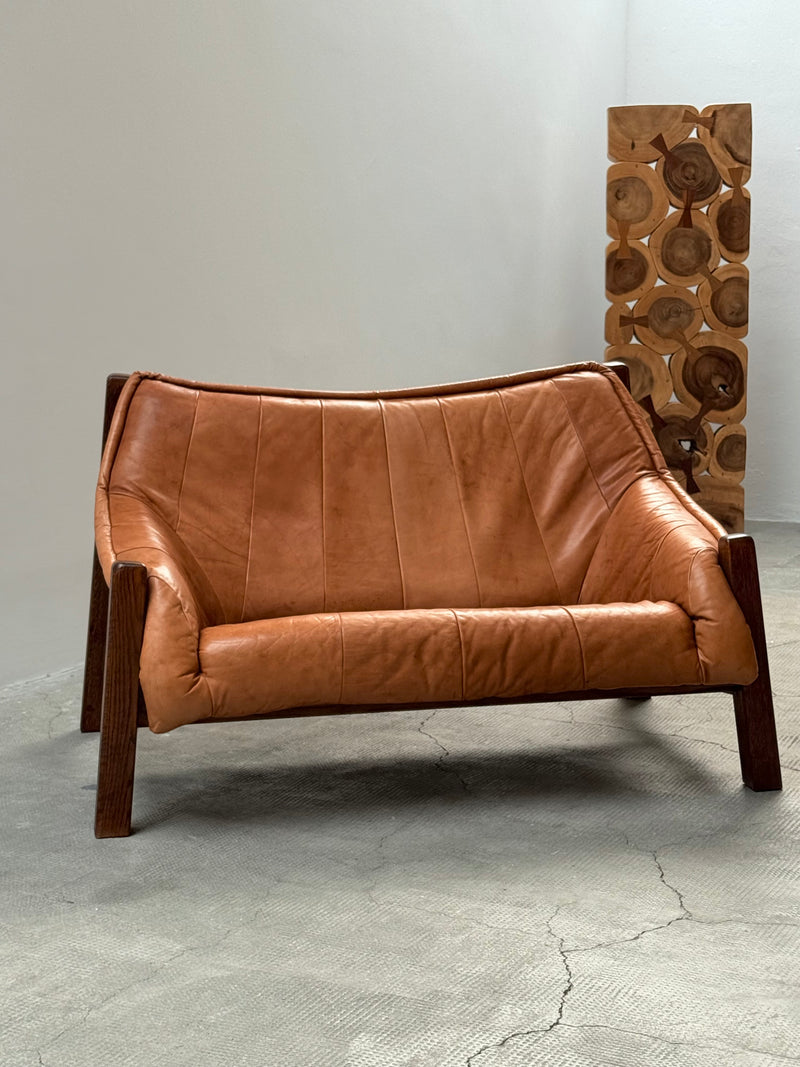 BRAZILIAN DESIGN ARMCHAIR & SOFA  OAK WOOD CAMEL LEATHER, 1970s