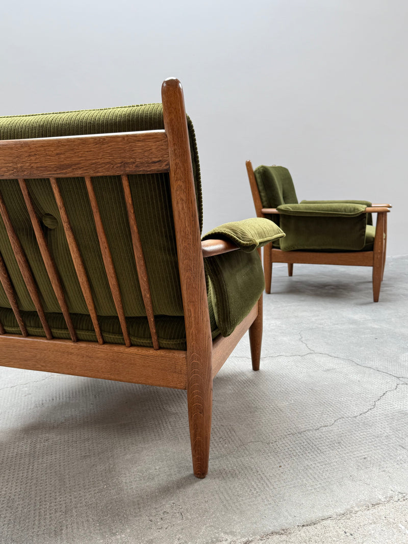 WILHELM KNOLL MODULAR ARMCHAIR COFFEE TABLE SET OAK GREEN VELVET CORDUROY, GERMANY 1960S