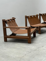 CARL STRAUB MODULAR SEATING GROUP ARMCHAIR COFFEE TABLE IM SOLID PINE WOOD, COGNAC LEATHER, GERMANY 1960s