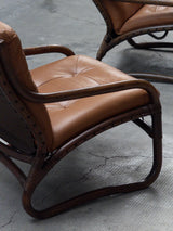 IKEA „BADEN“ BAMBOO LEATHER SEATING ENSEMBLE 2 ARMCHAIRS & SOFA, SWEDEN 1970s
