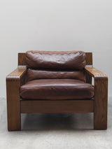 ROLF BENZ ‚RB5200’ ARMCHAIR & SOFA SET OAK WOOD BROWN LEATHER, GERMANY 1970s