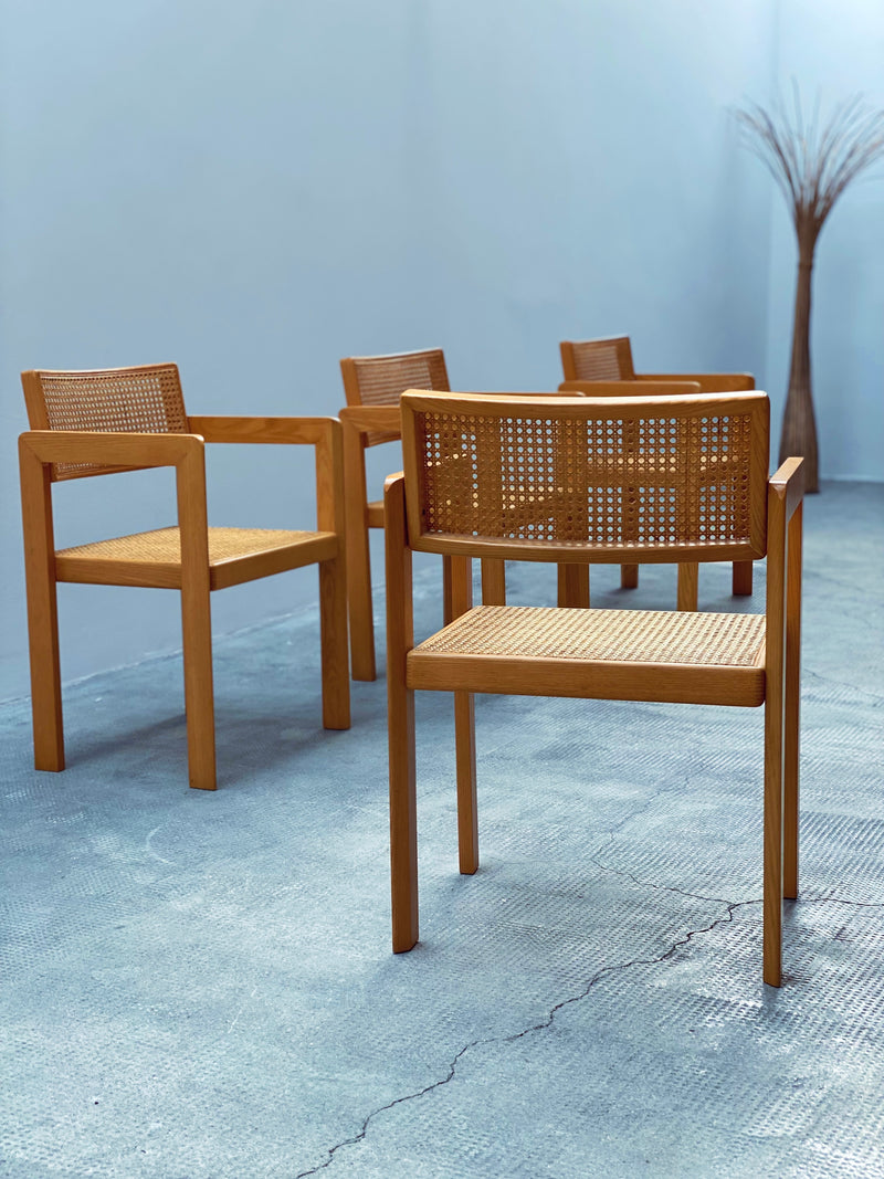 DERK JAN DE VRIES FOR MAISA DE SEVESO DINING TABLE & 4 CHAIRS SET ASH WOOD RATTAN, ITALY 1970S