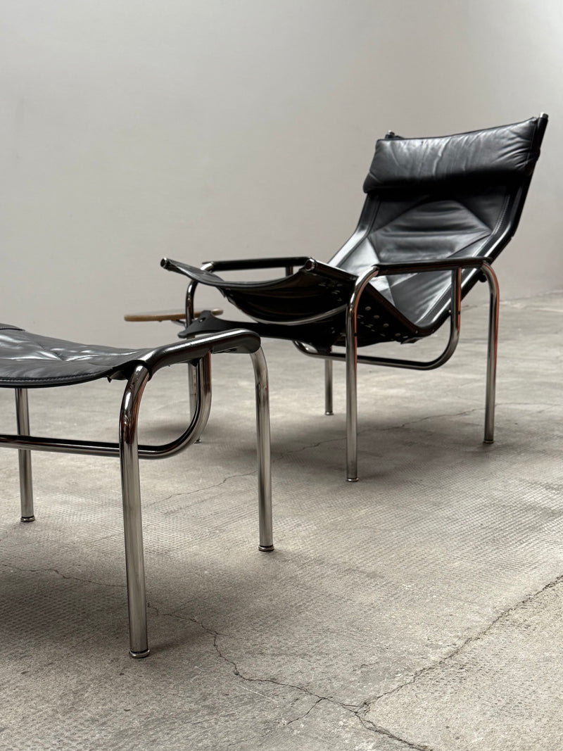 HANS EICHENBERGER FOR STRÄSSLE LOUNGE ARMCHAIR WITH STOOL LEATHER TUBULAR STEEL, SWITZERLAND 1970s