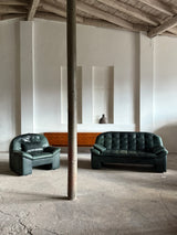 KNOLL SITZMÖBEL BRUTALIST ARMCHAIR & SOFA SET IN THICK GREEN LEATHER, GERMANY 1970s