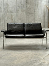 RARE TUBULAR STEEL, ALUMINIUM & BROWN LEATHER 2-SEATER SOFA, GERMANY 1960s