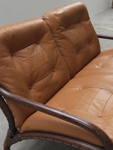 IKEA „BADEN“ BAMBOO LEATHER SEATING ENSEMBLE 2 ARMCHAIRS & SOFA, SWEDEN 1970s