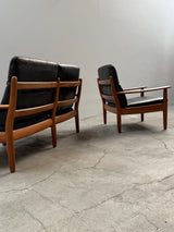 WILHELM KNOLL TEAK WOOD LEATHER BLACK ARMCHAIRS & 2-SEATER SOFA, GERMANY 1960s