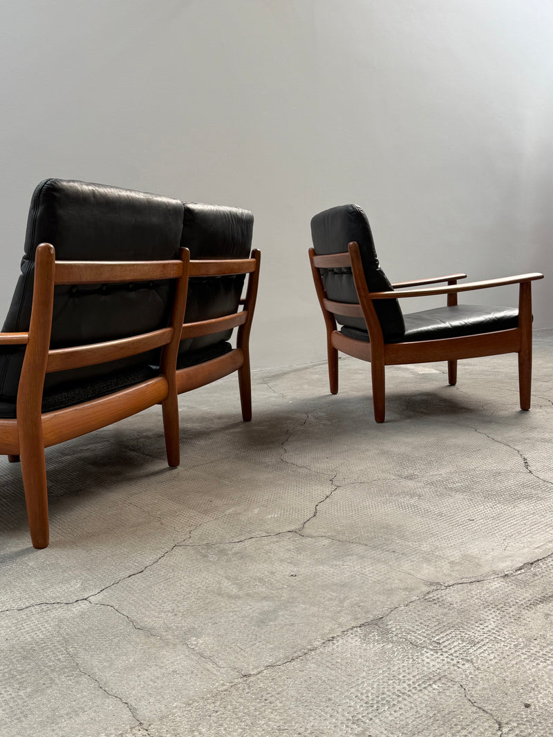 WILHELM KNOLL TEAK WOOD LEATHER BLACK ARMCHAIRS & 2-SEATER SOFA, GERMANY 1960s