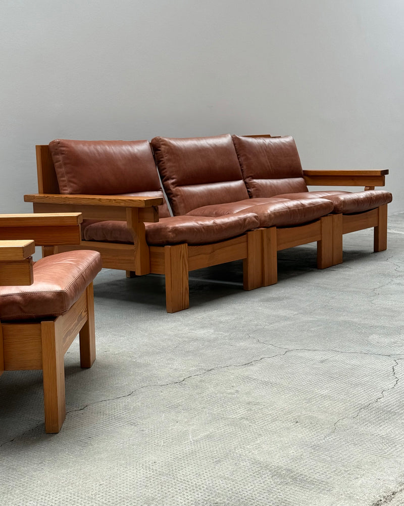 MODULAR ARMCHAIR SOFA SET SOLID PINE COGNAC LEATHER, SCANDINAVIA 1970s
