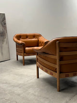 SET OF 2 SVEN ELLEKAER FOR COJA ARMCHAIRS LEATHER WOOD, NETHERLANDS 1960s