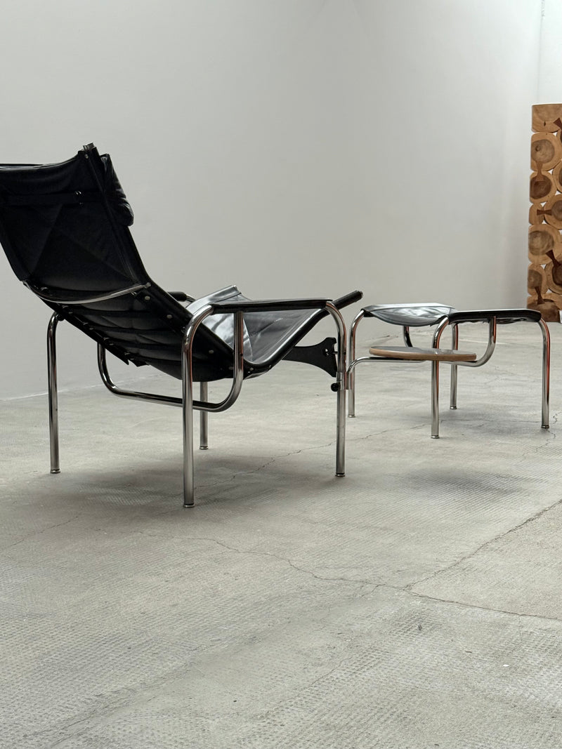 HANS EICHENBERGER FOR STRÄSSLE LOUNGE ARMCHAIR WITH STOOL LEATHER TUBULAR STEEL, SWITZERLAND 1970s