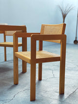 DERK JAN DE VRIES FOR MAISA DE SEVESO DINING TABLE & 4 CHAIRS SET ASH WOOD RATTAN, ITALY 1970S