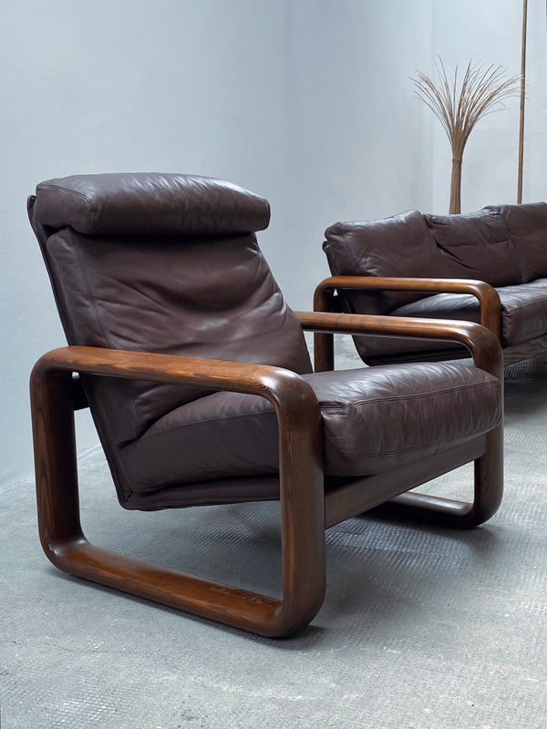 BURKHARD VOGTHERR FOR ROSENTHAL STUDIOLINE „HOMBRE“ ARMCHAIR & 3-SEATER SOFA ASH WOOD LEATHER, GERMANY 1970s