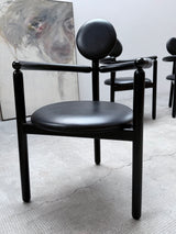 4 VICO MAGISTRETTI „PAN“ CHAIRS FOR ROSENTHAL ASH WOOD & BLACK LEATHER, 1980s
