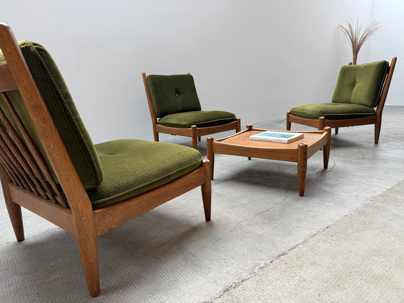 WILHELM KNOLL MODULAR ARMCHAIR COFFEE TABLE SET OAK GREEN VELVET CORDUROY, GERMANY 1960S