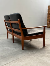 WILHELM KNOLL TEAK WOOD LEATHER BLACK ARMCHAIRS & 2-SEATER SOFA, GERMANY 1960s
