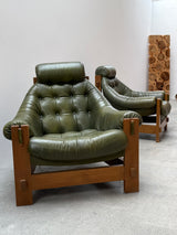 SET OF 2 GRAFTON EVEREST ARMCHAIRS OAK & GREEN LEATHER, SOUTH AFRICA 1970s