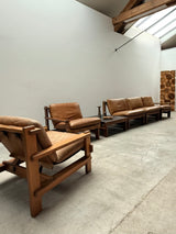 CARL STRAUB MODULAR SEATING GROUP ARMCHAIR COFFEE TABLE IM SOLID PINE WOOD, COGNAC LEATHER, GERMANY 1960s