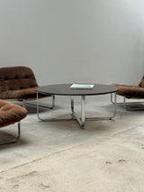 BROWN SUEDE & CANVAS LOUNGE CHAIRS IN CHROMED STEEL FRAME & COFFEE TABLE, 1960s