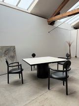 VICO MAGISTRETTI „PAN“ 4 LEATHER DINING CHAIRS & ERWIN NAGEL „QUADRONDO“ DINING TABLE ASH WOOD, 1980s