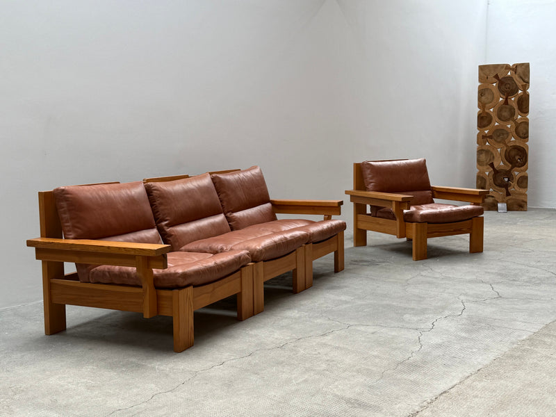 MODULAR ARMCHAIR SOFA SET SOLID PINE COGNAC LEATHER, SCANDINAVIA 1970s