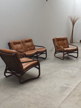 IKEA „BADEN“ BAMBOO LEATHER SEATING ENSEMBLE 2 ARMCHAIRS & SOFA, SWEDEN 1970s