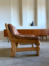 MAISON REGAIN ARMCHAIR, 2-SEATER & OTTOMAN SET LEATHER OAK WOOD, FRANCE 1960s