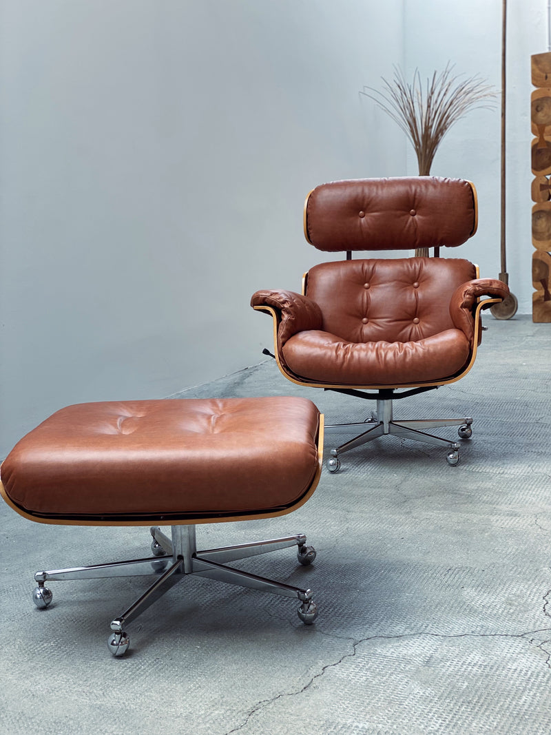 Martin Stoll für Giroflex „Lounge Chair“ mit Ottoman Cognac Leder Chrom Schweiz 1960er Jahre