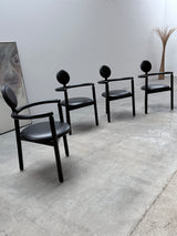 4 VICO MAGISTRETTI „PAN“ CHAIRS FOR ROSENTHAL ASH WOOD & BLACK LEATHER, 1980s