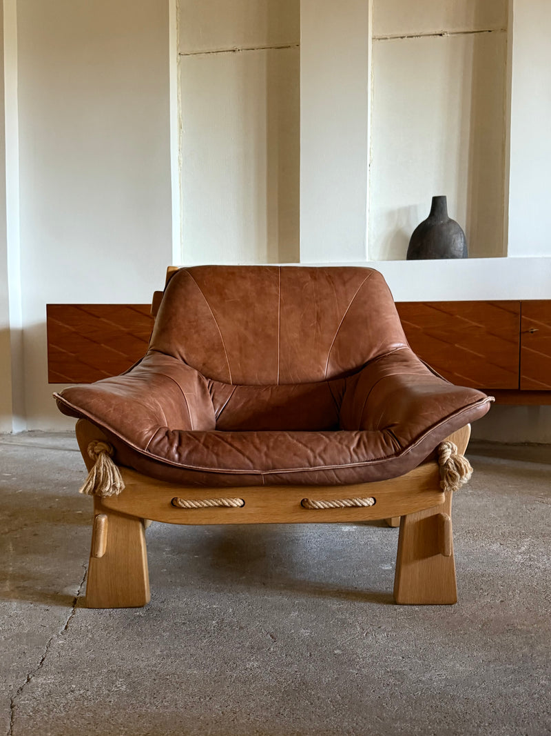MAISON REGAIN ARMCHAIR, 2-SEATER & OTTOMAN SET LEATHER OAK WOOD, FRANCE 1960s