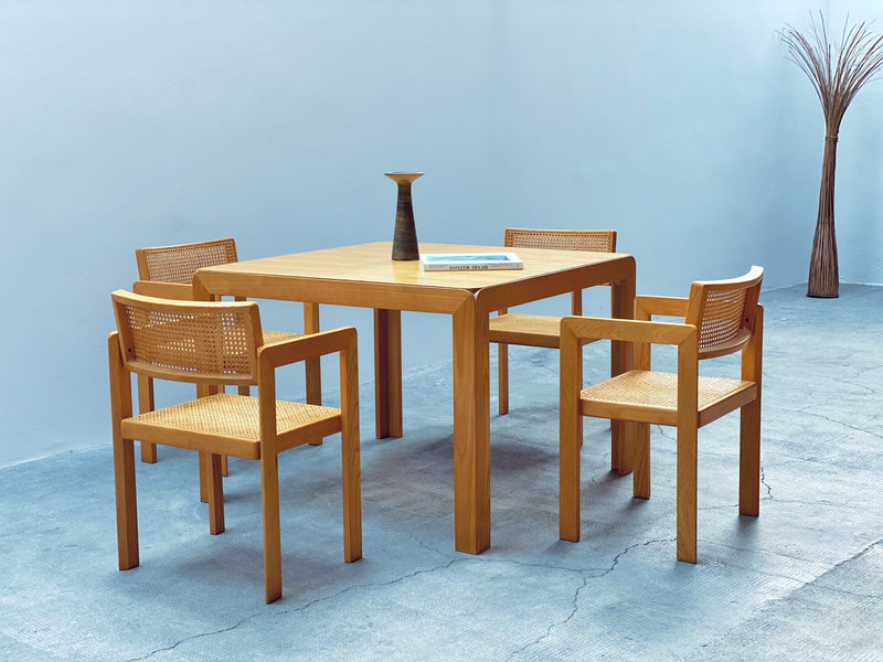 DERK JAN DE VRIES FOR MAISA DE SEVESO DINING TABLE & 4 CHAIRS SET ASH WOOD RATTAN, ITALY 1970S