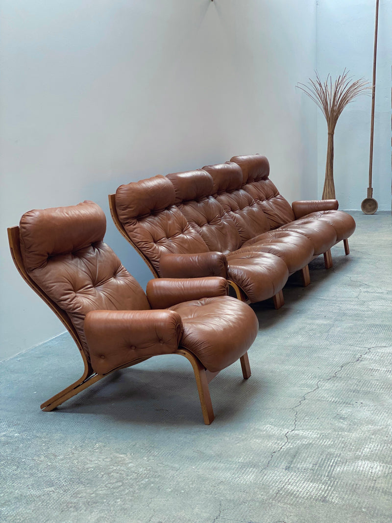 Elsa & Nordahl Solheim für Rykken & Co. Modular Sessel Sofa Sitzgruppe Teakholz Cognac Leder, Norwegen 1970er Jahre