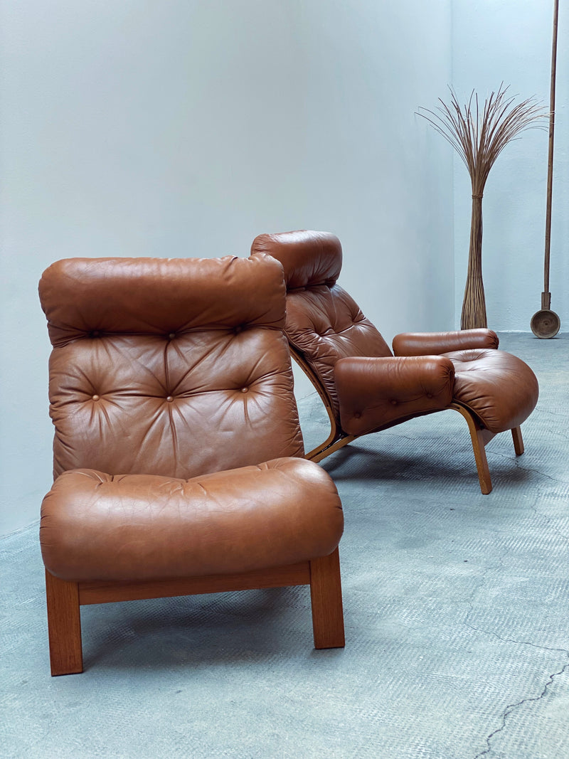 Elsa & Nordahl Solheim für Rykken & Co. Modular Sessel Sofa Sitzgruppe Teakholz Cognac Leder, Norwegen 1970er Jahre