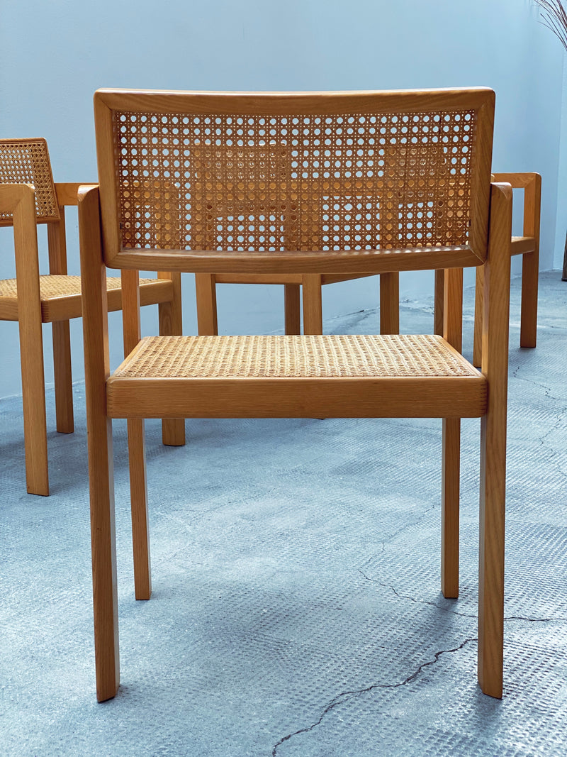 DERK JAN DE VRIES FOR MAISA DE SEVESO DINING TABLE & 4 CHAIRS SET ASH WOOD RATTAN, ITALY 1970S