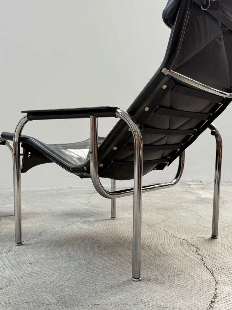 HANS EICHENBERGER FOR STRÄSSLE LOUNGE ARMCHAIR WITH STOOL LEATHER TUBULAR STEEL, SWITZERLAND 1970s